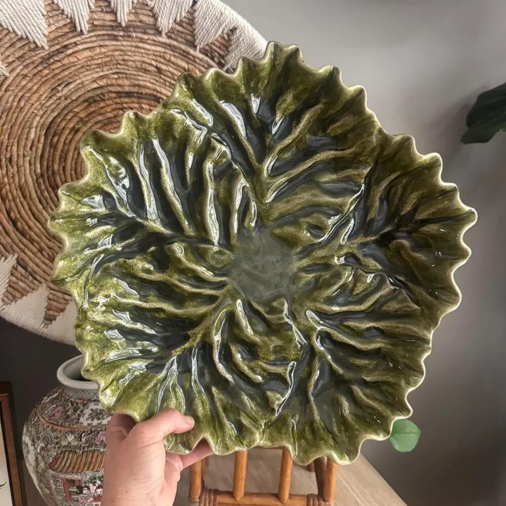 Vintage 1990s Pottery Barn Green Majolica Cabbageware Plate (15